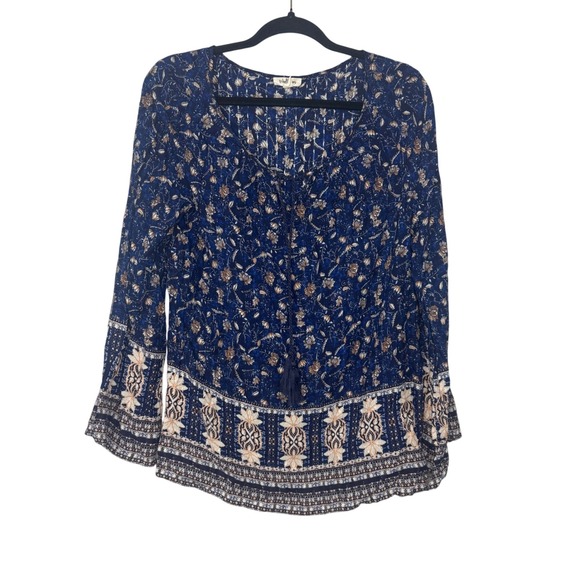 Tribal Jeans Floral Blouse Long Sleeve‎ Boho Peasant Top Blue Size S - Picture 1 of 7